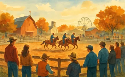 Fall rodeo scene showing equine therapy riders on horseback, community volunteers, and spectators at an outdoor arena.