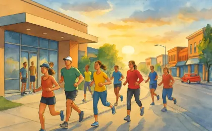 A sunrise scene of runners and walkers starting from a healthcare building and moving toward a main street in a Kansas town
