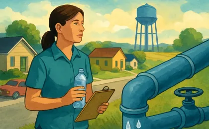 An illustration of rural homes connected by pipes to a distant city water structure, with a resident holding bottled water as droplets flow through the system.