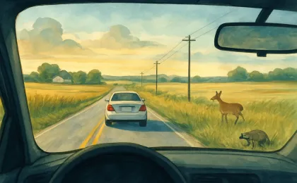 Illustration showing a driver maintaining control on a rural road while wildlife and an inset insect distraction are avoided safely.