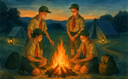 Scouts gather at a campsite at dusk, emphasizing teamwork and service activities in a natural outdoor setting.