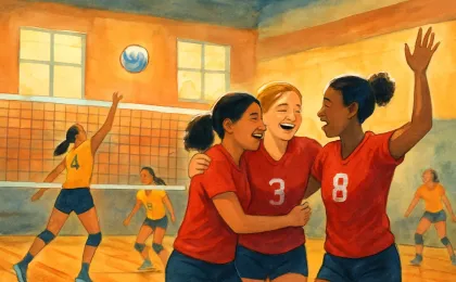 A volleyball net and a high school gym scene showing the Sabetha team celebrating a match win without any readable text or logos.