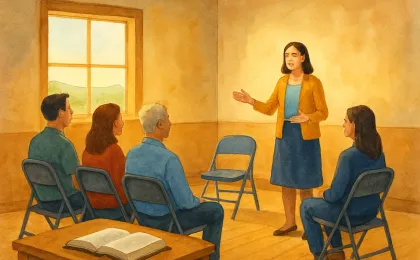 Warm-lit church classroom setting with an open book and a small group meeting led calmly.