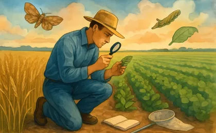 A farmer inspecting wheat and alfalfa for caterpillar damage in a Kansas field, with general pest imagery in the background.
