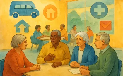 Older Kansans discussing priorities in a community meeting space, with abstract symbols representing transportation, home care, healthcare access, and voting.
