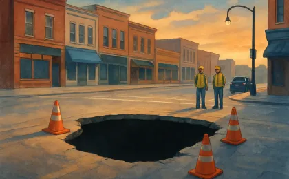 An illustrated Atchison street intersection with a pavement sinkhole and workers monitoring from a safe distance