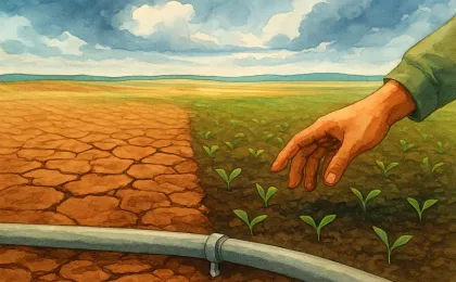 Illustration of dry and moist Kansas soil with small wheat seedlings under a changing sky.