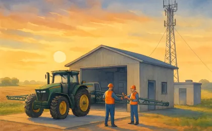 A Kansas county service facility scene with a sprayer and communications equipment being inspected outdoors.