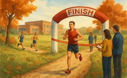 Artist’s illustration of a fall cross-country finish with runners sprinting on a dirt trail and spectators nearby.