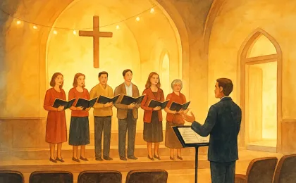 Illustration of a community choir performing in a warmly lit church sanctuary with an inviting atmosphere