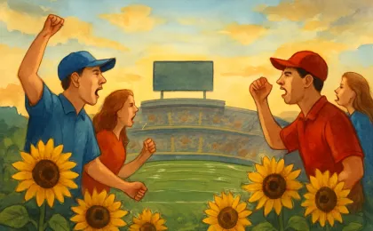An editorial illustration of Kansas college football fans facing a stadium on a clear evening with sunflower-themed accents.