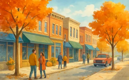 Neighbors stroll through a warmly lit small-town downtown street during an autumn festival.