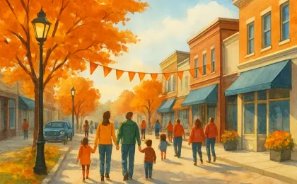 Families stroll along a warmly lit downtown street decorated for an autumn festival.