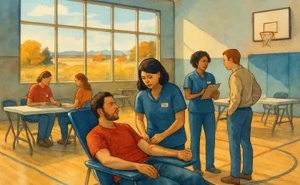 Volunteers prepare a blood donation drive inside a school gym, with harvest scenery visible through windows
