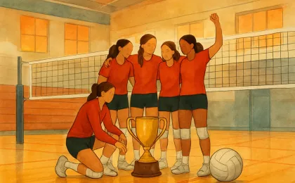 An illustrated high school gym with a volleyball net and a trophy placed near a celebratory team scene.