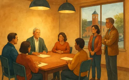 A community meeting scene inside a city hall council room with residents listening to city officials.