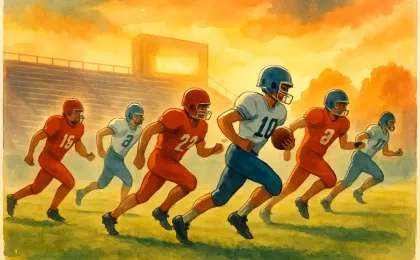 An original illustration of a small-town 6-man football game in Kansas showing a blocked punt return and fast-moving players under an autumn sky.
