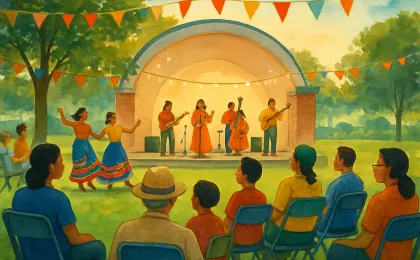 People gathered outdoors near a park bandshell for a cultural celebration with performers on stage.