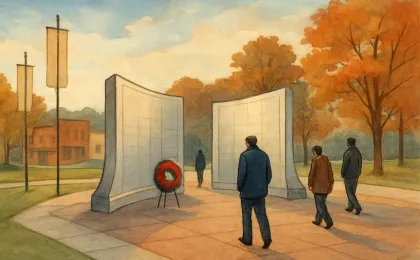 A respectful outdoor scene with a curved memorial replica wall and visitors walking toward it in a small Kansas town setting.