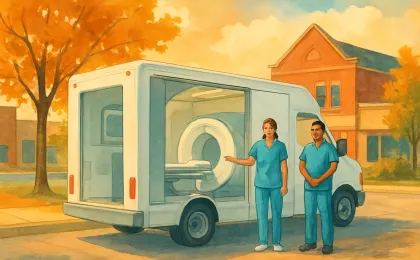 A healthcare mobile unit in a small Kansas town with an abstract imaging setup and friendly staff welcoming visitors