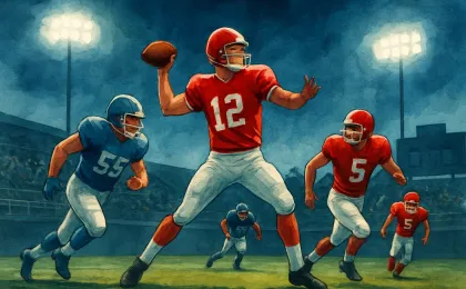 Illustration of a high school football scoring play under stadium lights at night, with players running and a quarterback throwing.