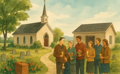 Neighbors gather respectfully near a quiet chapel and cemetery, with flowers and candles symbolizing remembrance and memorial giving.