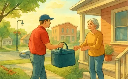 A volunteer delivering meals to a resident on a Hutchinson neighborhood porch under warm morning light
