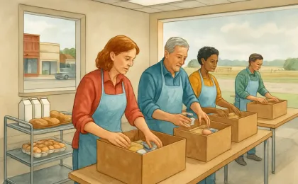 Volunteers pack grocery boxes in a community hall while rural western Kansas streets and farm fencing sit in the background.