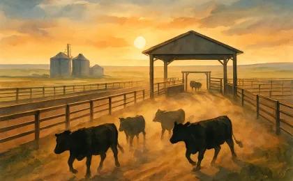 Illustration showing a prairie feedlot with cattle pens and a loading facility in Kansas at sunset