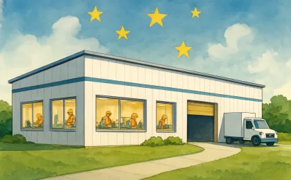 A stylized illustration of a Wellington-area manufacturing facility with workers assembling parts and a star-like motif in the sky, representing regional recognition.