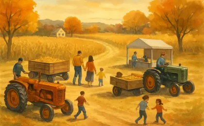 Families gathered near vintage farm machinery at a rural Kansas roadside event while wagons of corn are being prepared in the fields.