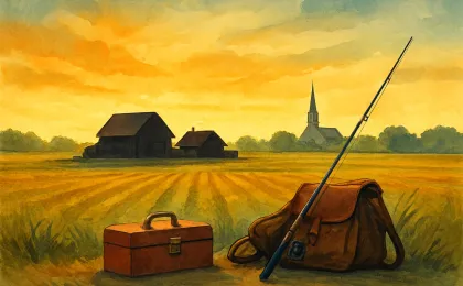 A rural Kansas farm scene with fields, a distant church steeple, and simple symbols suggesting stewardship and community connections.