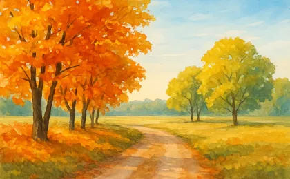 Illustration of Kansas trees transitioning into autumn colors along a quiet rural path.