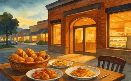 Illustration of a Wichita-style shopping center dining entrance with bread baskets and plated entrees under warm lights.