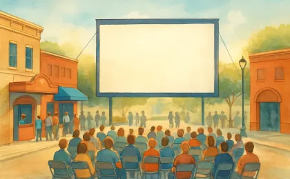 Illustration of a downtown festival crowd outside two theaters with a blank movie screen backdrop and community conversation atmosphere.