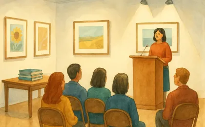 A visitor-friendly museum gallery scene with a small group discussion and an open book display.