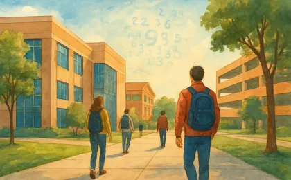 Illustration of students walking on a Kansas university campus with an abstract data backdrop representing enrollment trends.