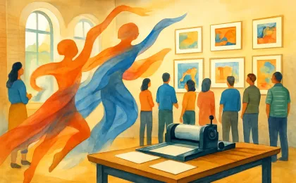 Illustration of a campus fine-arts centennial celebration with dancers, an operating printing press, and colorful student artwork on display.