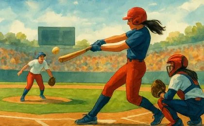 Illustration of a collegiate softball game at home plate with players mid-play in a stadium setting.