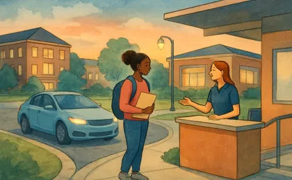 An editorial illustration showing a student on a campus walkway with a rideshare car pickup and a clinic-like campus building in the background.