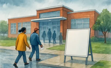 Residents in rainy Wichita weather walking toward a public school building, symbolizing a local bond decision for school renovations.