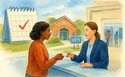 A person checks voter registration at an election office counter with polling booths in the background.