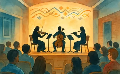 Illustration of a chamber music performance in a university recital hall with three musicians and seated students watching attentively