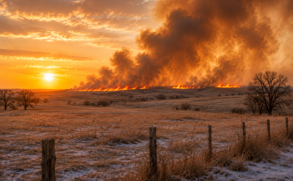 Late-winter Kansas prairie grassfire burning across rolling hills at sunset, with dry grass, fence posts, and patches of snow in the foreground.
