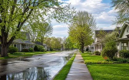 Spring Kansas neighborhood street after rain with clear sidewalks, fresh green lawns, budding trees, and modest homes under a broad sky.