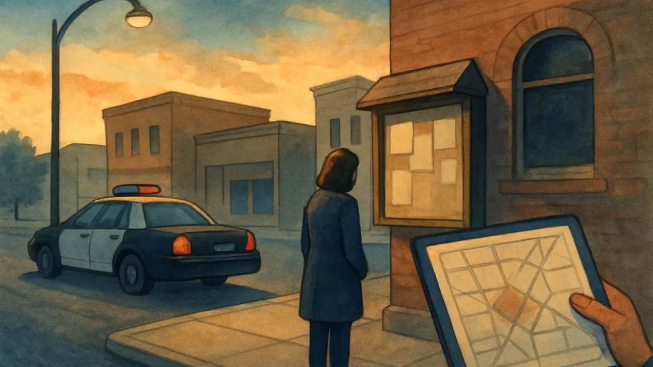 Illustration of a community search for a missing teen in a small Kansas town