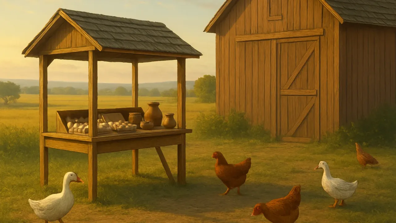 Rural barnyard scene with a small farm stand, ducks and chickens, and shelves of farm goods