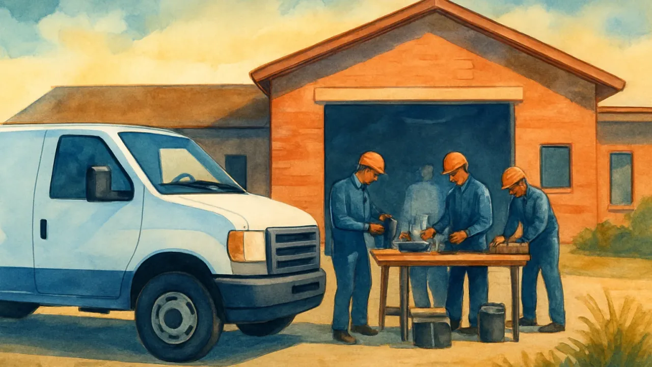 A training workshop scene beside a delivery truck preparing for student use
