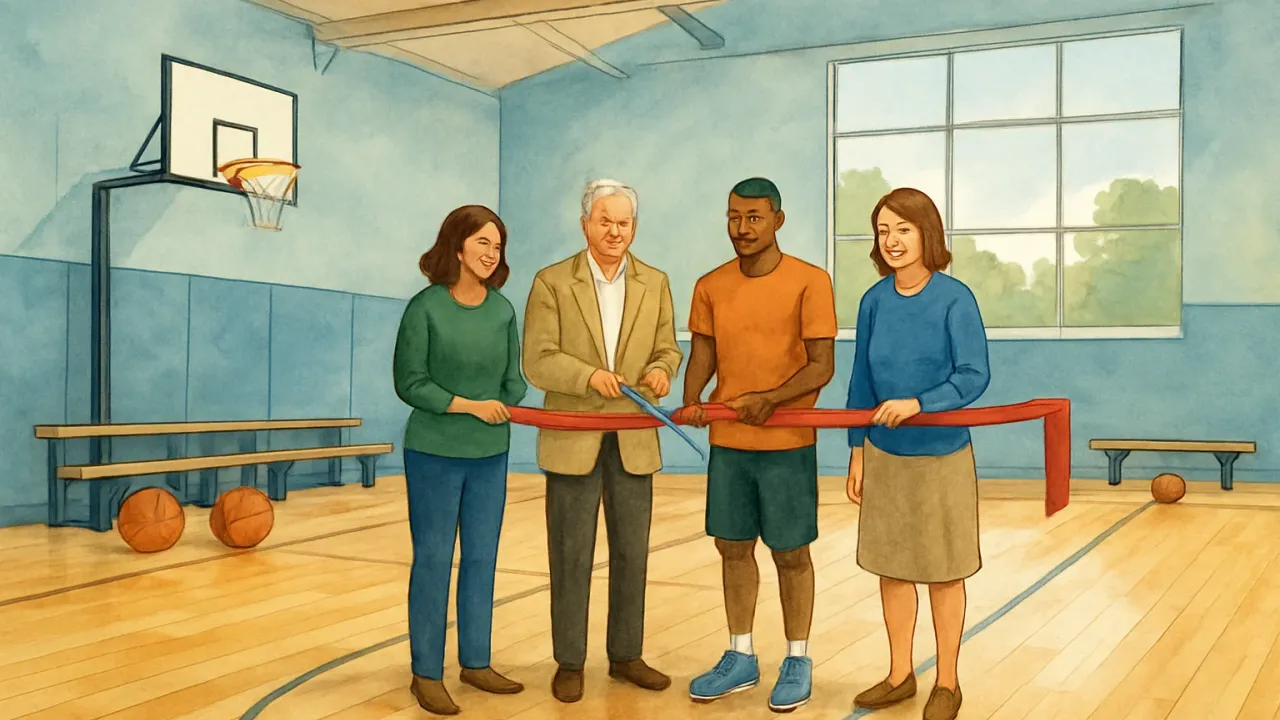 Artists’ illustration of a ribbon-cutting at a new indoor basketball court for a youth club.