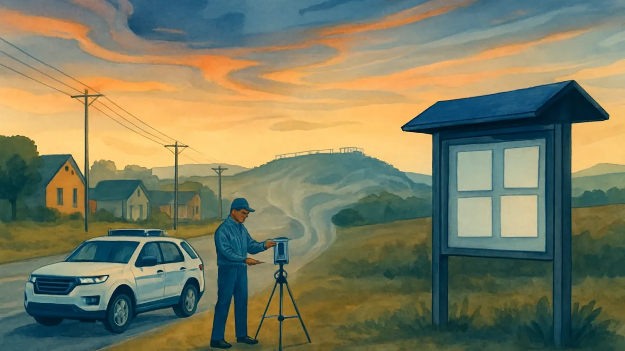 A Kansas small-town scene with an air-sampling device and monitoring activity near a distant landfill as residents track environmental data.